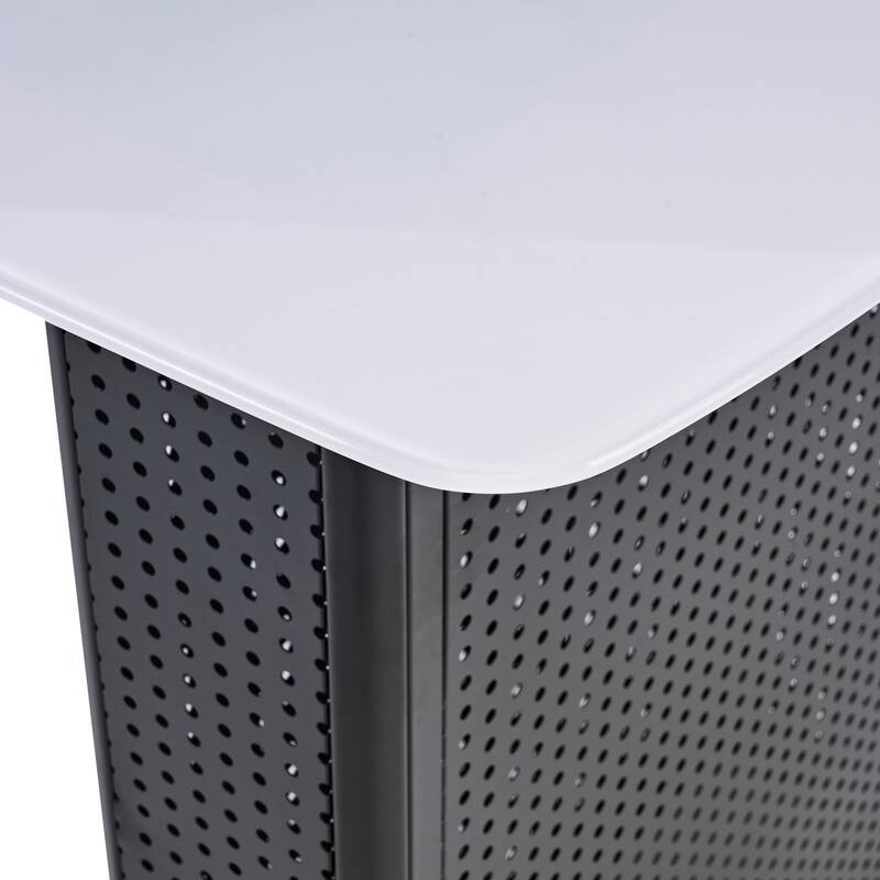 Modern Rectangular Tempered Glass Dining Table, Marble-Patterned Design with Black Dual-Pedestal Metal Base for Dining Room