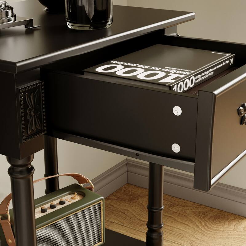 Vintage End Table with Drawer and Shelf, French Style Nightstand with Solid Wood Legs, White Accent Table