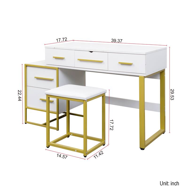 Vanity Desk with Flip Top Mirror, Large Wooden Dresser Table, Makeup Vanity Set with 4 Storage Drawers and Cushioned Stool