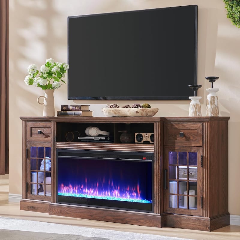 Farmhouse Fireplace TV Stand for 80 Inch TV, Entertainment Center - Brown