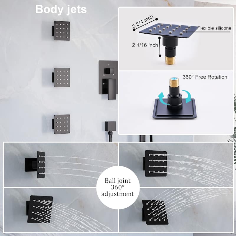 3-Function Shower System With 12" Ultra-Thin Square Shower Head,Body Jets And Hand Shower(Valve Included)