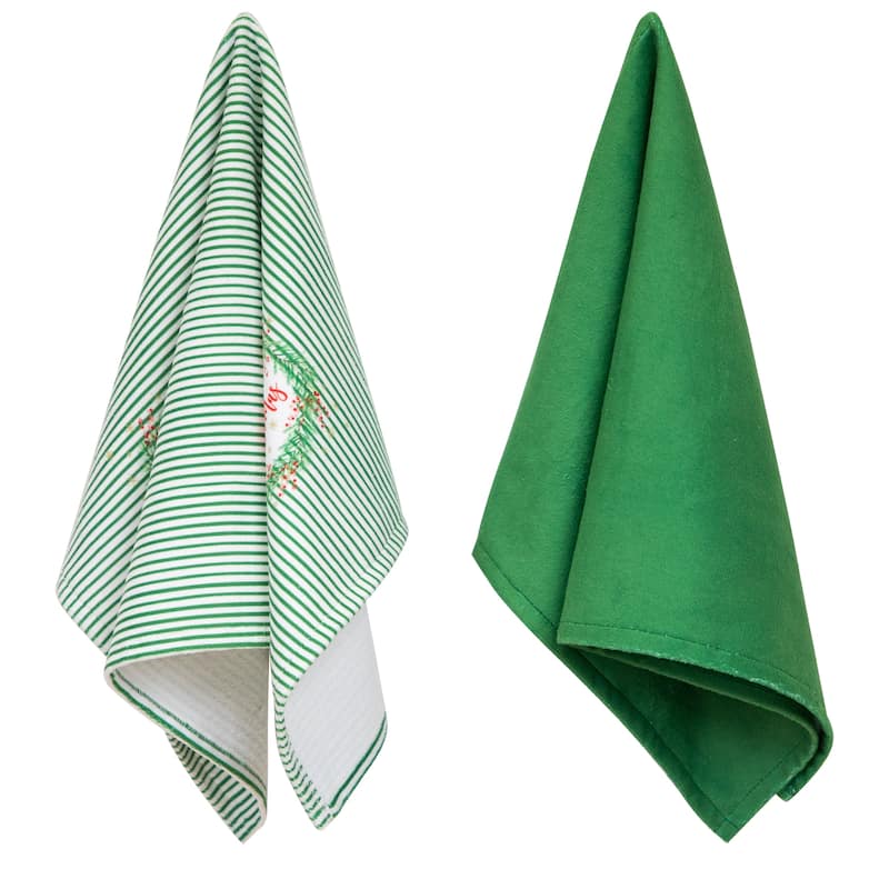 Solid and Striped Merry Christmas Kitchen Tea Towels - 26" - Set of 2
