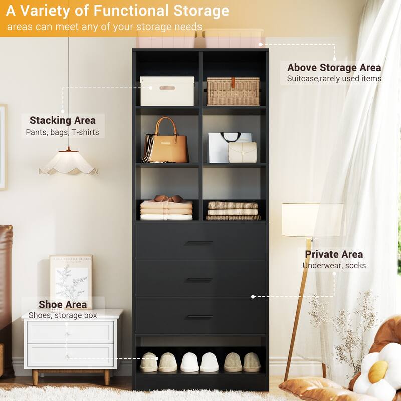 Qvella 23.6'' W Closet System with 3 Wooden Drawers and Partition Storage,Modular Closet Organizer for Walk-in/Reach-in Closet