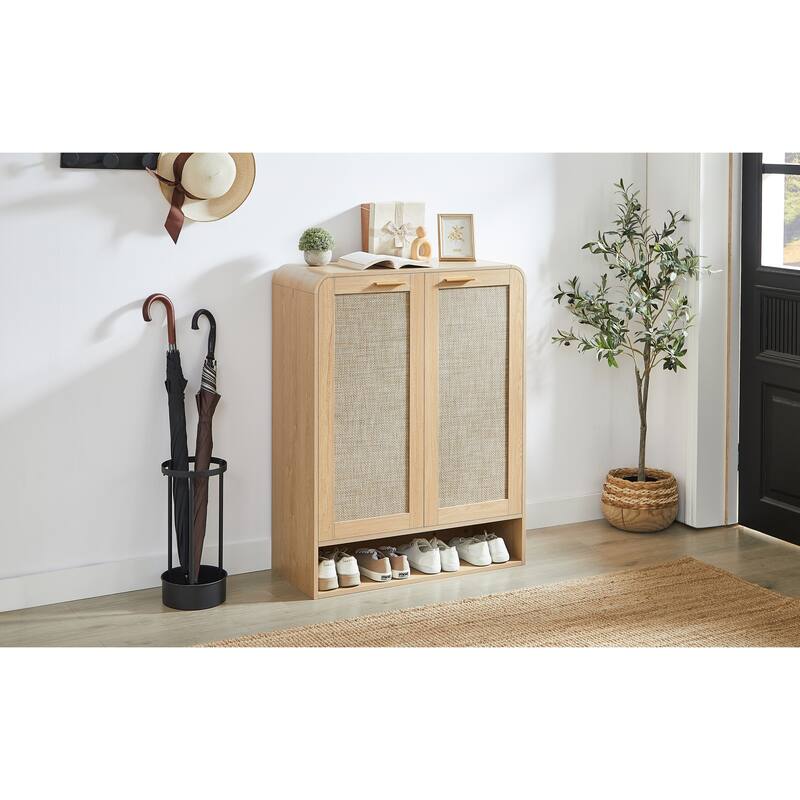 GDF Studio - Lindenwave Coastal Rattan and Wood Shoe Storage Cabinet with Adjustable Shelves