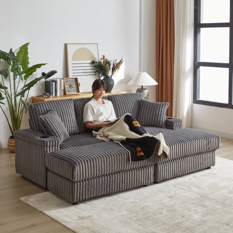 Corduroy Sectional Loveseat Sofa with 2 Ottomans Chaise Lounge, 2 Toss Pillows, 2 Arm Storage and 2 Cup-holding for Living Room
