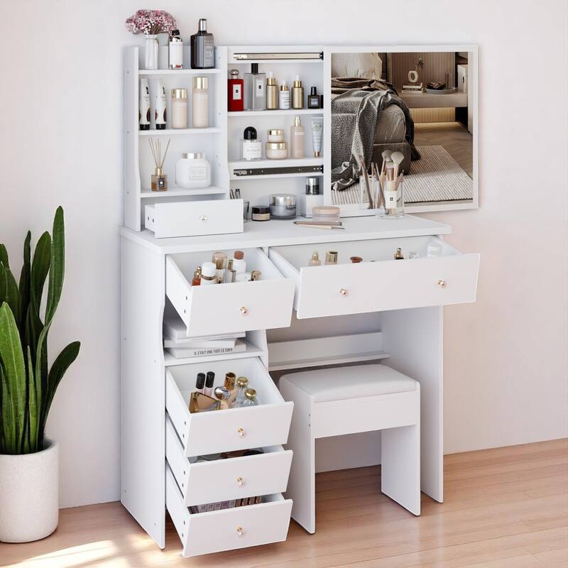 37" Makeup Vanity Table with Left Drawers, Sliding Mirror & High-Capacity Storage, Includes Stool