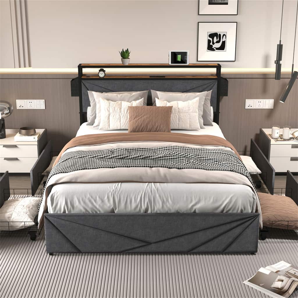 Queen/Full LED Bed Frame, Storage Headboard with Charging Station