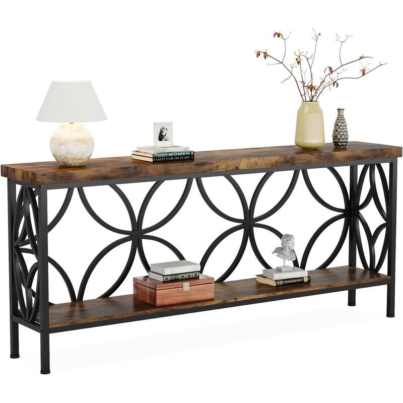 70.9 Inches Extra Long Industrial Console Table, Narrow Sofa Table Behind Couch with Open Storage Shelves, Metal Frame