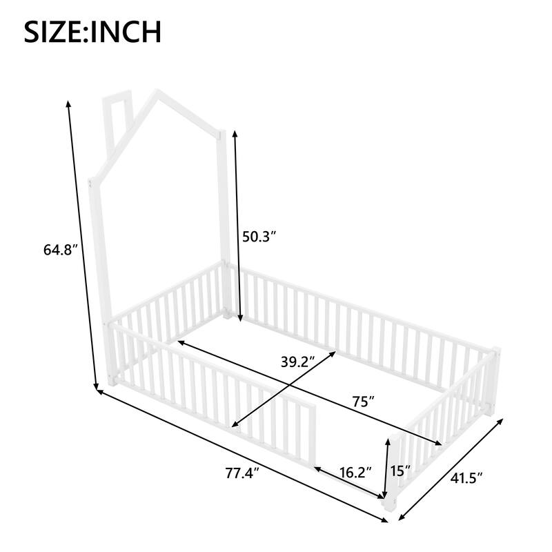 Twin Size Metal House Platform Bed with Guardrail and Chimney, White