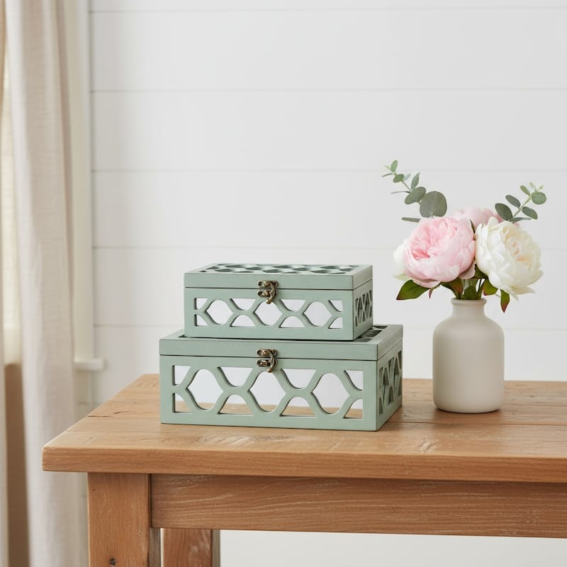 HomeRoots Set of Two Blue Mirrored Glass And Wood Box With Lid - 12 W x 8 D x 4.7H