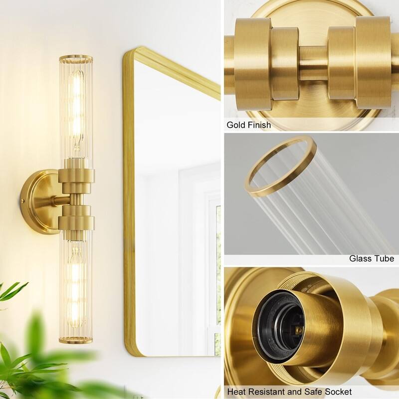Bathroom Light Fixtures, Gold Wall Sconce in Threaded Glass Vanity Lights 2 Pack - 2 Pack-Gold Threaded Glass