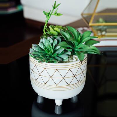 Artificial Plant in 6" FOOTED GOLD GEO CERAMIC Pot - ONE-SIZE