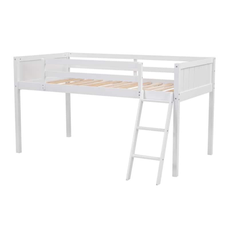 Wood Low Loft Bed with Ladder, Ladder Can Be Placed on the Left or Right