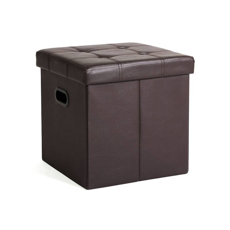 Faux Leather Folding Storage Ottoman Cube Foot Rest Stool Seat with Hole Handle - Brown