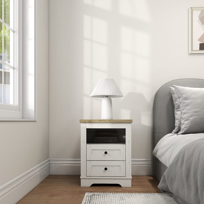 Farmhouse Nightstand, End Table, Side Table with 2 Drawers Storage Cabinet for Bedroom, Living Room, Farmhouse Design - White+Oak