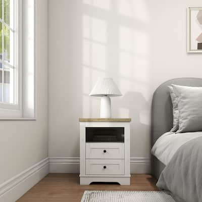 Farmhouse Nightstand, End Table, Side Table with 2 Drawers Storage Cabinet for Bedroom, Living Room, Farmhouse Design