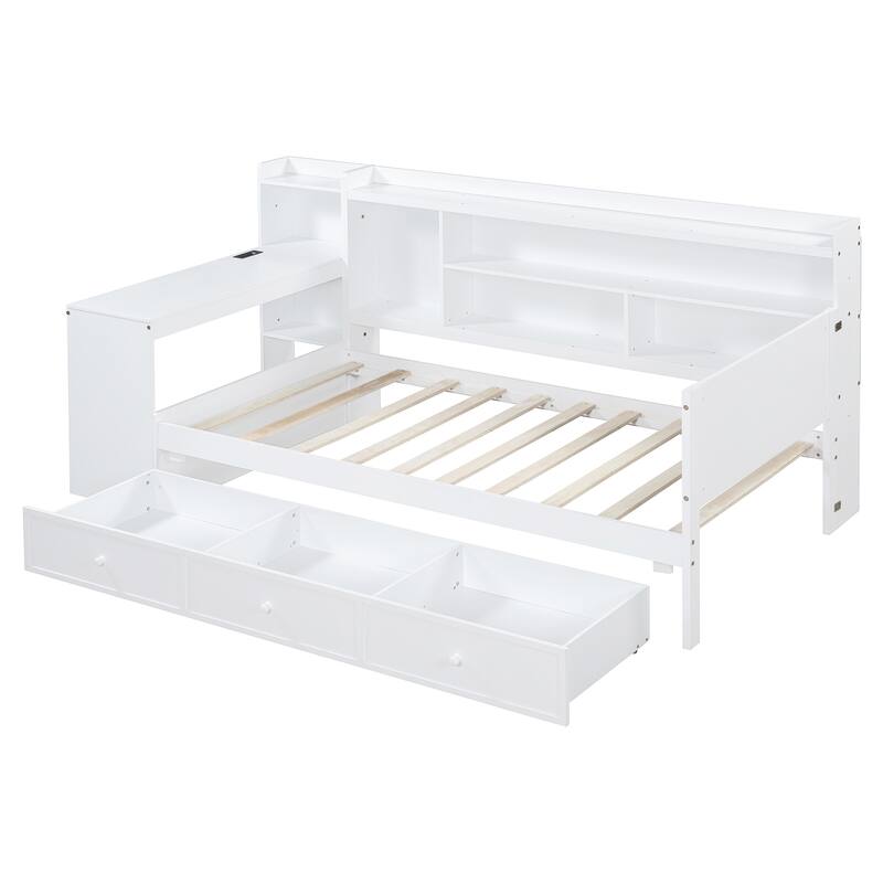 Twin/Full Size Wooden Daybed with 3 Storage Drawers and Bedside Desk, Modern Sofa Bed Frame with USB Ports and Storage Shelves