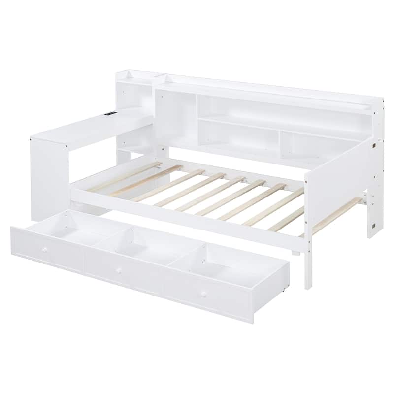 Twin Size Daybed with USB Ports and Desk, Wooden Sofa Bed Frame with 3 Storage Drawers & Shelves Headboard, No Box Spring Needed