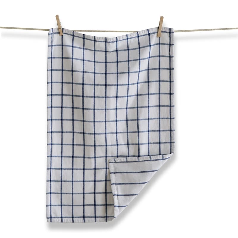 Classic Reversible Double Cloth Medium Blue Windowpane Cotton Machine Washable Kitchen Dishtowel 26L x 18W in.