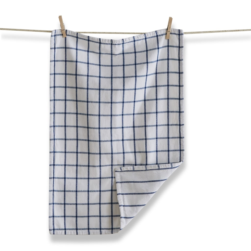 Classic Reversible Double Cloth Medium Blue Windowpane Cotton Machine Washable Kitchen Dishtowel 26L x 18W in.