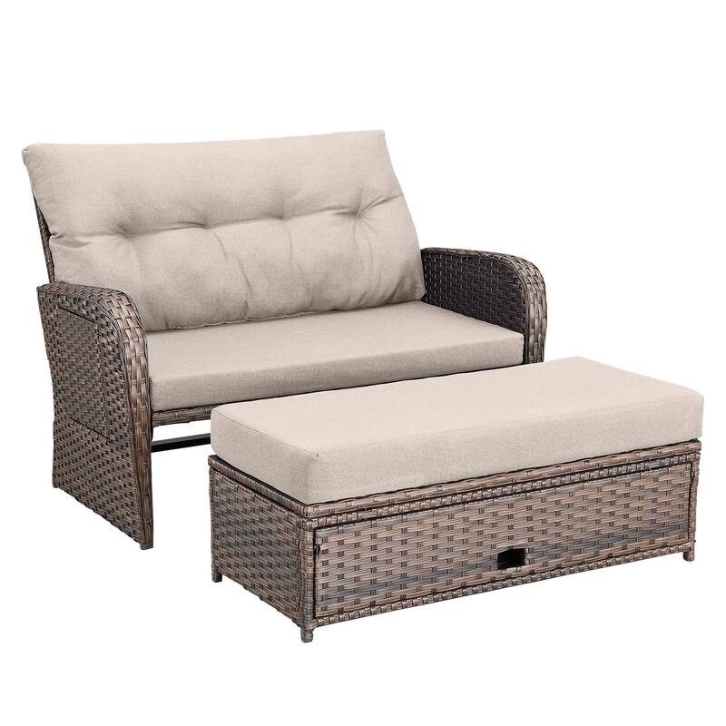 Chaise Lounge Outdoor Double PE Wicker Rattan Patio Reclining Chair - Brown