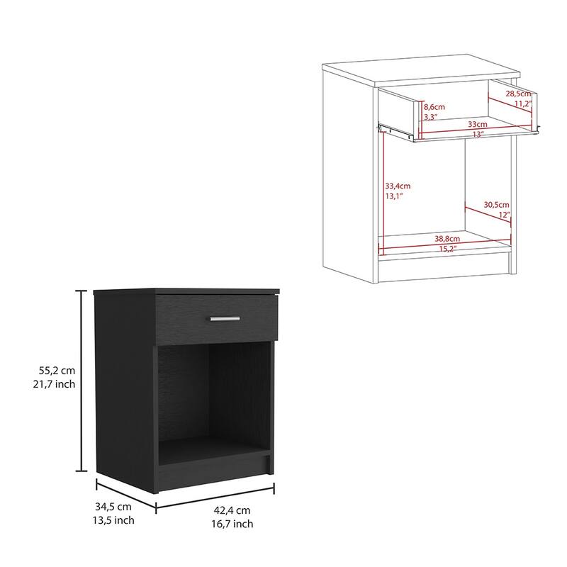 Compact Black End Table/Nightstand - One Drawer, Open Shelf, and Superior Top