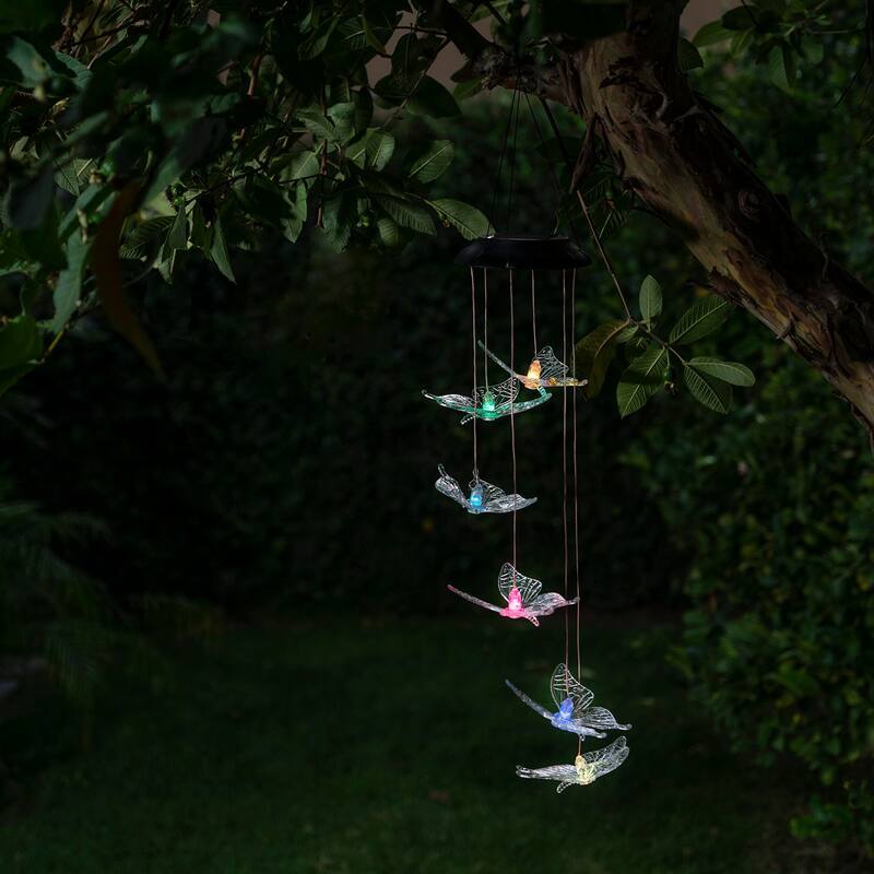 Alpine Corporation 27" Tall Outdoor Solar Powered Wind Mobile with Color Changing LED Butterfly Lights