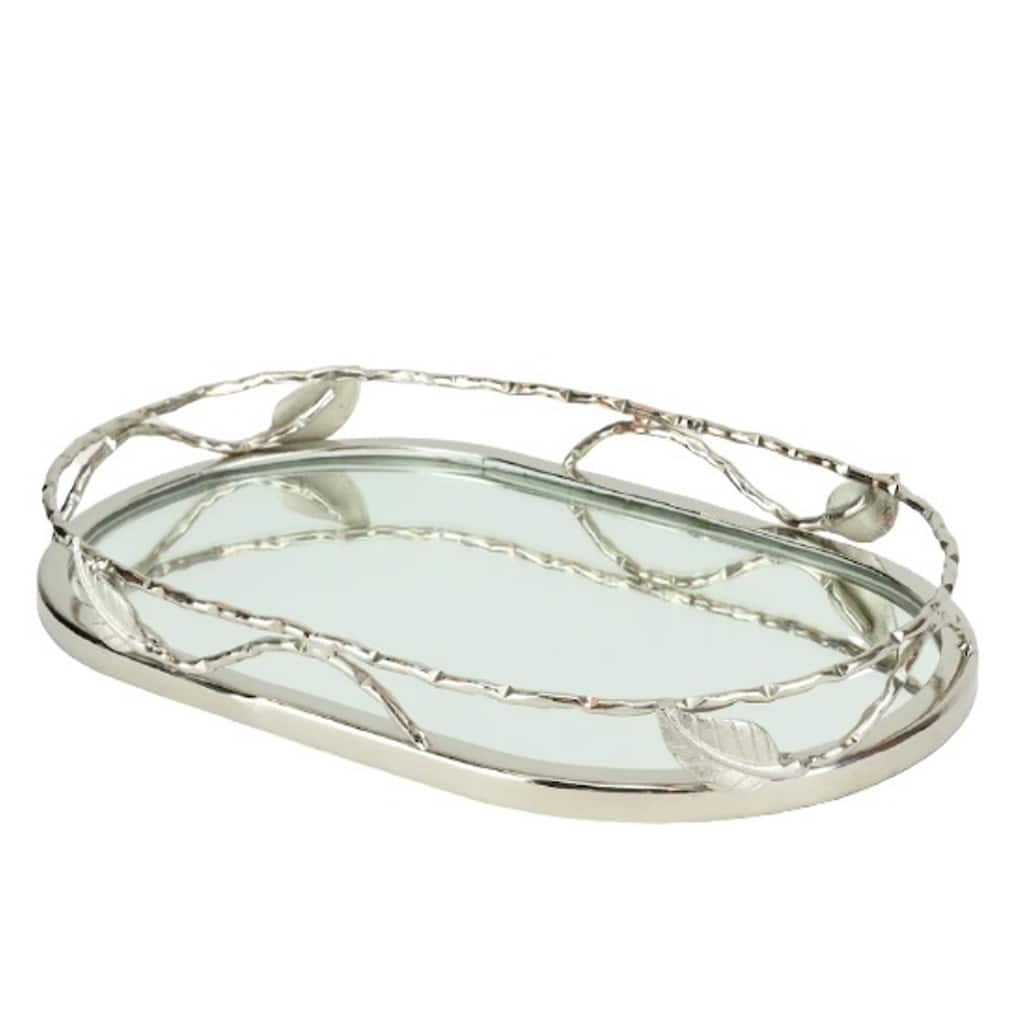 Jiallo Oval Mirror Tray with Leaf Border 13.75 x 8.5 in