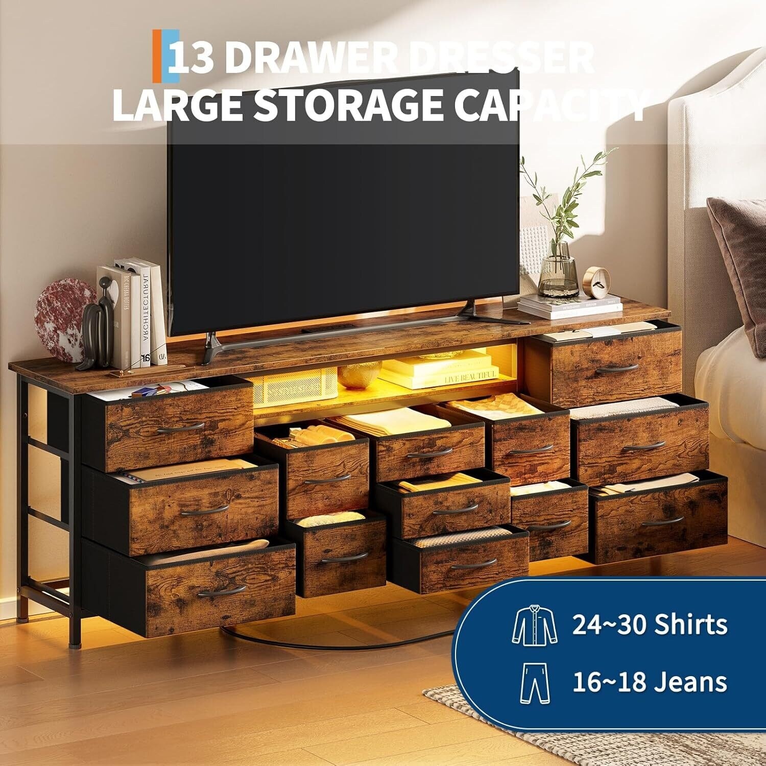 70 Inch Long Dresser TV Stand with 13 Chest of Fabric Drawers, Power Outlets and LED Lights - Overstock - 43631091 70 Inch Long Dresser TV Stand with 13 Chest of Fabric Drawers, Power Outlets and LED Lights - Overstock - 43631091