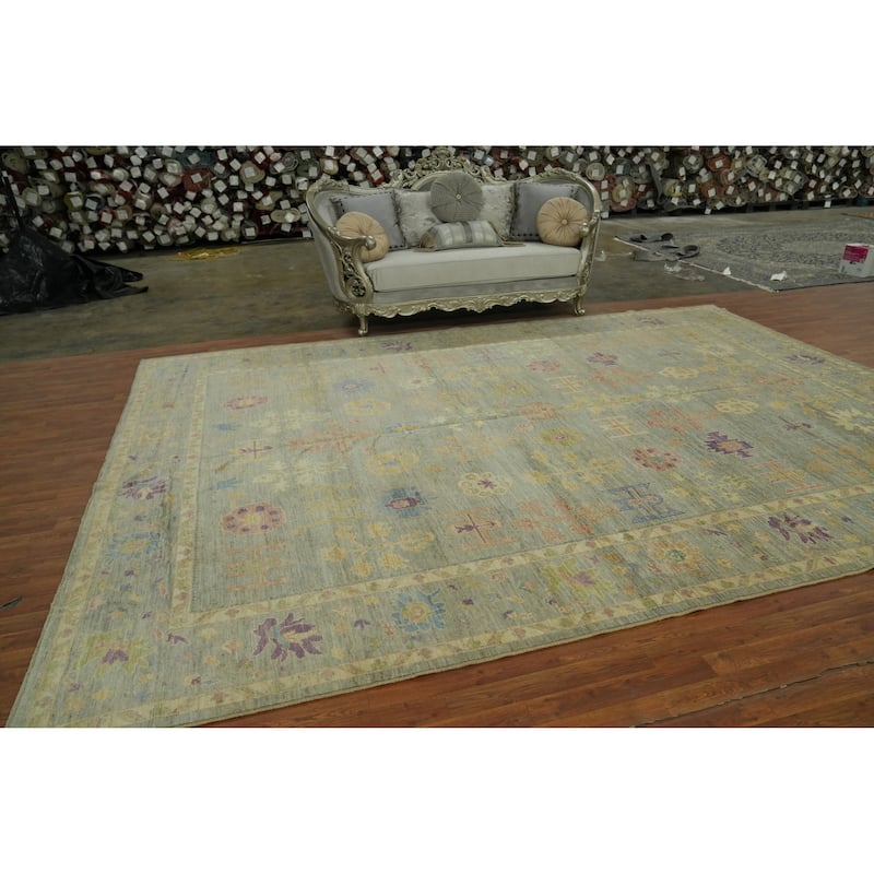 Hand Knotted Oriental 100% Wool Carpet Transitional All-Over Greys & Charcoal Oushak Area Rug - 14' 0'' X 10' 0''