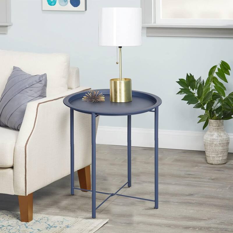 VECELO Side/End Table, Folding Round Metal Anti-Rust and Waterproof Outdoor for Living Room Bedroom,Nightstands