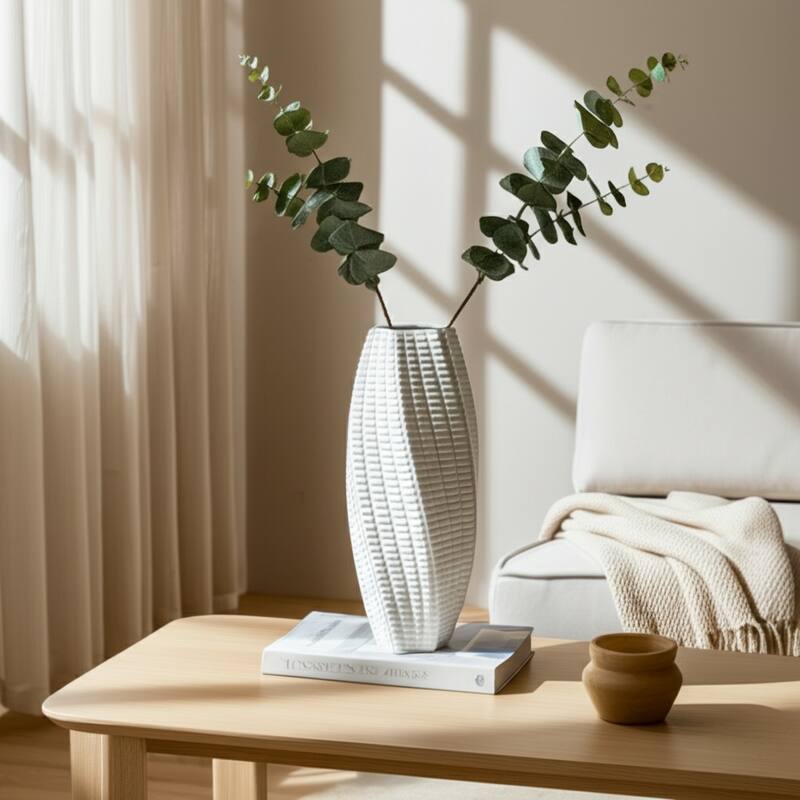 Stoneware Decorative Vase Geometric Sculpted Textured Silhouette