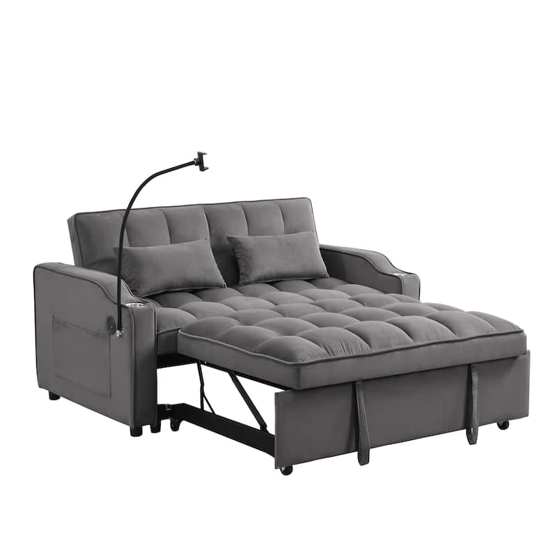 Foldable Sofa Bed with USB and Phone Holder, 2-Seat Settee with Two Pillows, Love Seat Couch with Adjustable Backrest