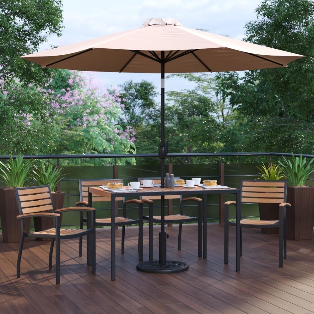 30" x 48" Faux Teak Patio Table, 4 Chairs and 9FT Patio Umbrella with Base