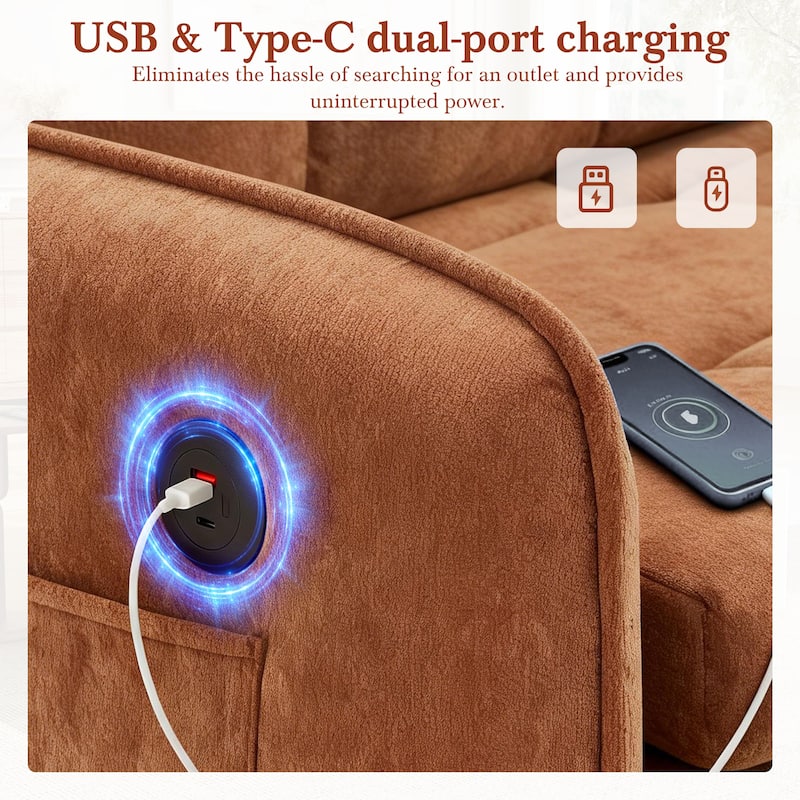 3-in-1 Chenille Accent Chair Convertible Sleeper Sofa Bed, 80" Extra Long Pull-out Chair Bed with USB and Type-C Ports