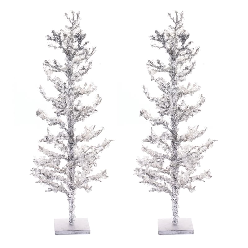 24 Inch Icy Twig Tree Set with Jeweled Accents for Holiday Home Decor - 9.5” x 9.5” x 24” - Silver