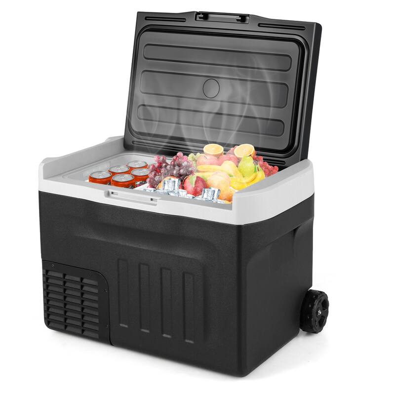 Black Portable Car Refrigerator with Adjustable Temp, LED and Cup Holders