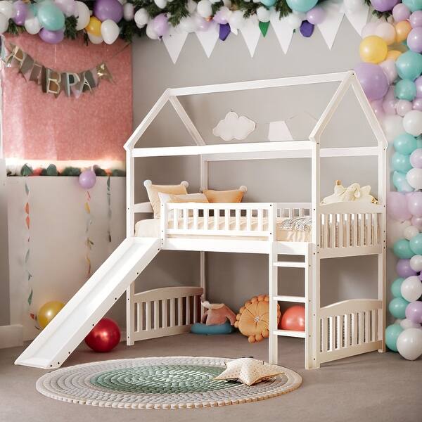 slide 2 of 45, Contemporary Design Twin Loft House Bed with Slide, Ladder and Safety Guaranteed, Sturdy Construction & Unique Design White