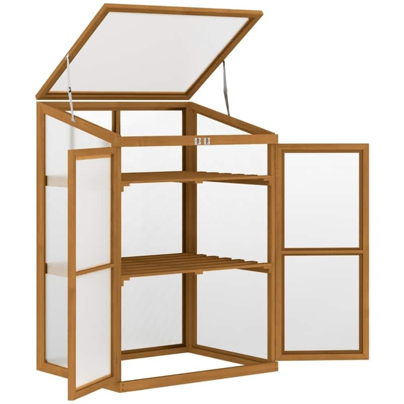 2-Tier Wooden Greenhouse with Polycarbonate Panels Natural Wood Garden Plant Protector for Indoor and Outdoor Use