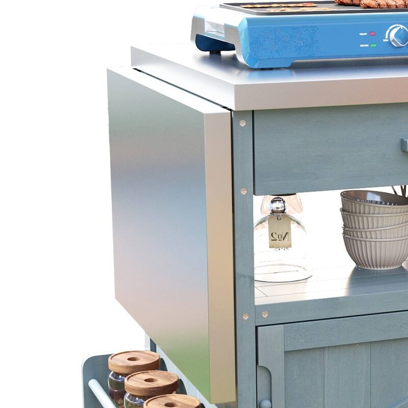 40.5" Outdoor Grill Cart with Stainless Steel Top,Solid Wood Outdoor Storage Cabinet with Drop Leaf - N/A
