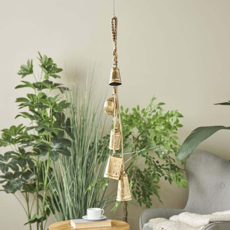 Metal Cascading Cluster Indoor Outdoor Decorative Cow Bells with Jute Hanging Rope - Gold or Black - Roche River Decor