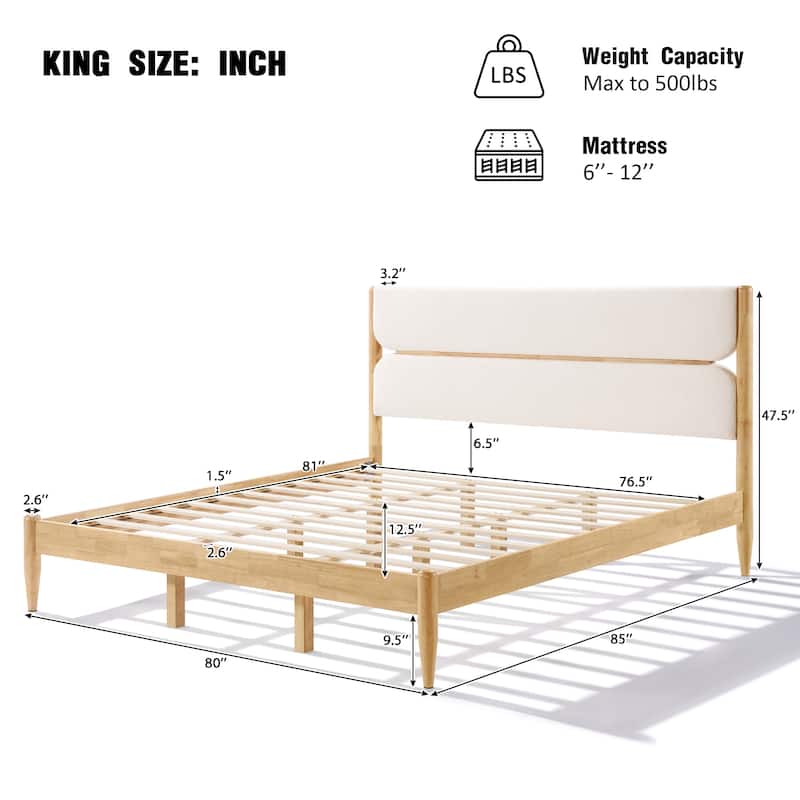 Roomfitters King Size Solid Wood Platform Bed Frame with Upholstered Fleece Headboard, Ivory