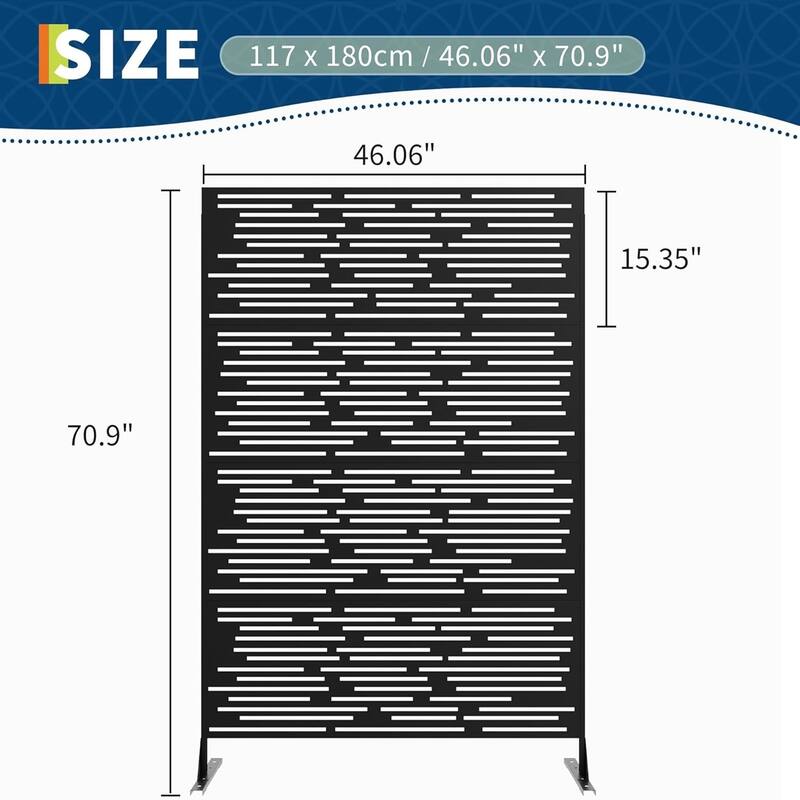 1PCS 72 in H x 46 in W Metal Privacy Screen Panel Freestanding Outdoor Divider with Stand Stripe02-Brown