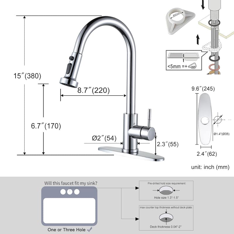 WOWOW Single Handle Pull Down Sprayer Kitchen Faucet
