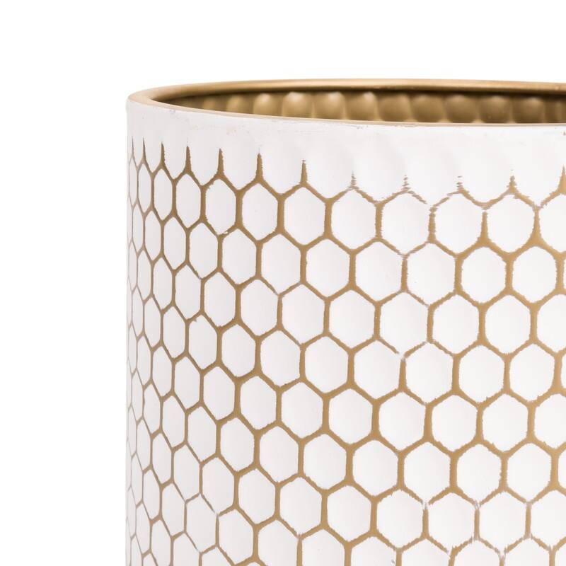 Honeycomb Mid-Century Modern Indoor Metal Pot Planter with Arch Wood Base