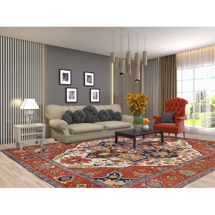 Ivory & Orange Medallion Heriz Serapi Indian Area Rug 9x12 - 9' x 12'