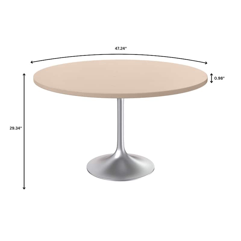 LeisureMod Verve 48" Round Dining Table with MDF Wood TableTop and Brushed Chrome Base for Kitchen & Dining Room