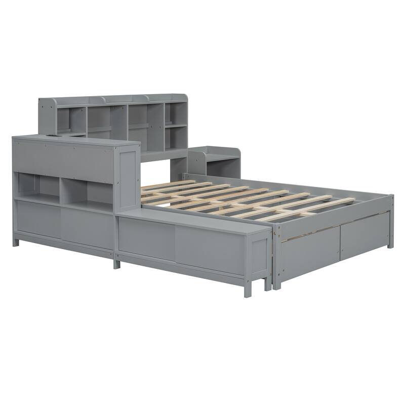 Full Size Wooden Platform Bed with Storage Headboard, Integrated Desk, Nightstand, and USB Ports for Modern Living