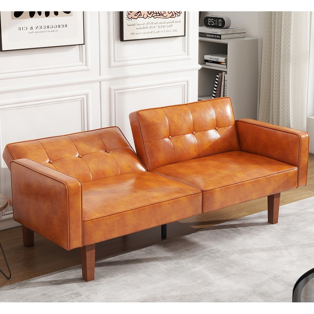 Futon Sofa Bed, Faux Leather Memory Foam Couch,Modern Convertible Love seat for Compact Living Room