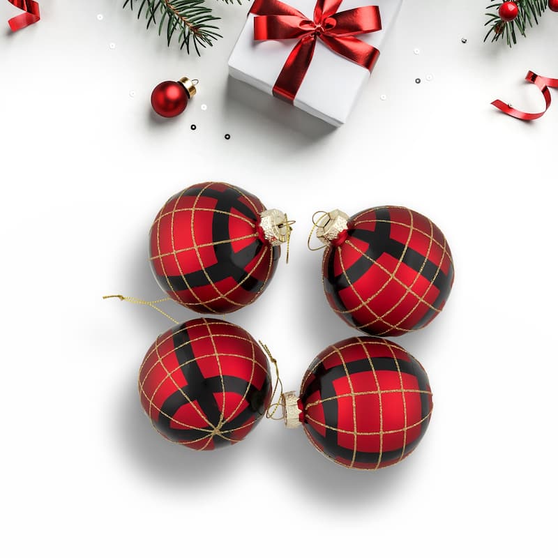 4ct Red, Black and Gold Plaid Glass Ball Christmas Ornaments 3.25"